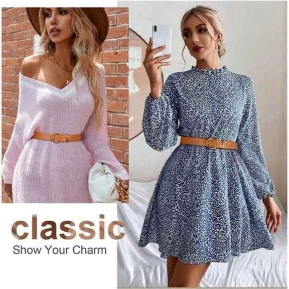 2 Pack Women's Leather Belts for Jeans Dresses Fashion Gold Buckle Ladies Belt - Picture 5 of 6